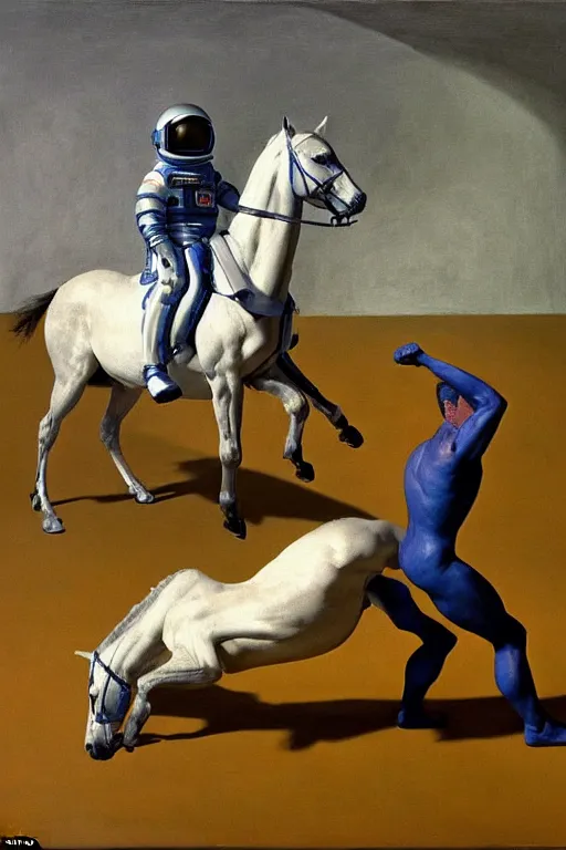 Image similar to , astronaut bodybuilder doing bench press with a horse instead of a dumbbell astronaut bodybuilder doing bench press with horse instead of dumbbell, hauntingly surreal, highly detailed painting by francis bacon, edward hopper, adrian ghenie, gerhard richter, and james jean soft light 4 k,