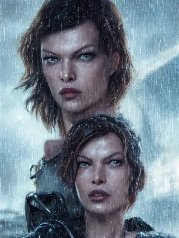 Image similar to portrait of Milla Jovovich from Resident Evil fighting in the wreckage city in the rain,by tom bagshaw,Cedric Peyravernay,James Paick,Ted Nasmith, peter gric,Hugh Ferriss,trending on artstation,8k,Blade Runner 2049,ultra realistic,high detail,golden ratio,cinematic lighting,maximalist