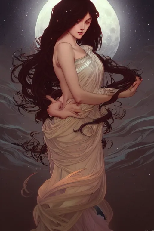 Image similar to moonlight, dark fantasy, intricate, elegant, highly detailed, digital painting, artstation, concept art, matte, sharp focus, illustration, art by artgerm and alphonse mucha