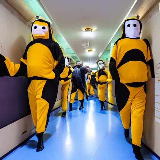 Prompt: several men with bee costumes in the corridor of a capsule hotel