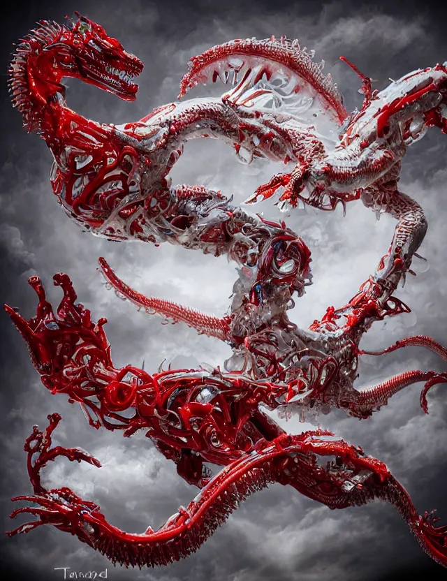 Image similar to legendary white dragon, red biomechanical details, wearing epic bionic cyborg implants, inflateble shapes, wires, tubes, red veins, jellyfish, masterpiece, intricate, biopunk, highly detailed, artstation, concept art, cottage core, cinematic focus, polaroid photo, bleached, vintage, high - key lighting, soft lights, foggy, by tarkovsky, 8 k