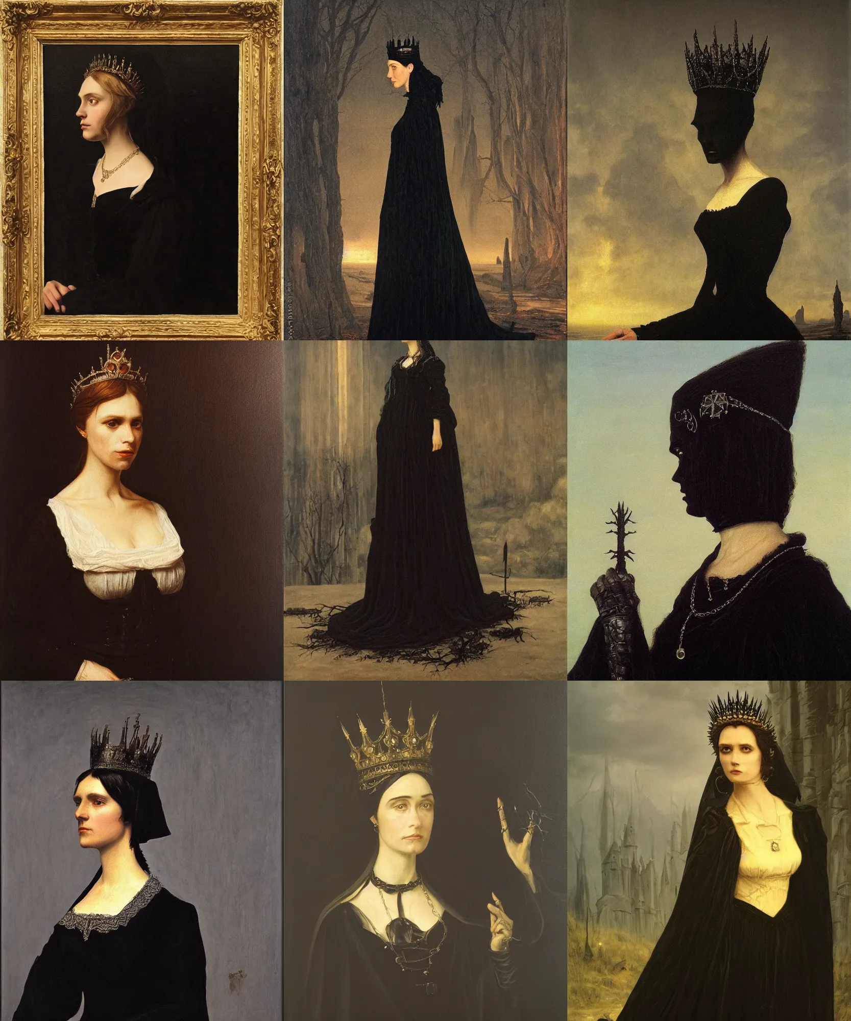 Prompt: The portrait of Lady in black wax crown by Caspar David Friedrich, dark fantasy, witcher, very detailed oil painting, masterpiece, 8k