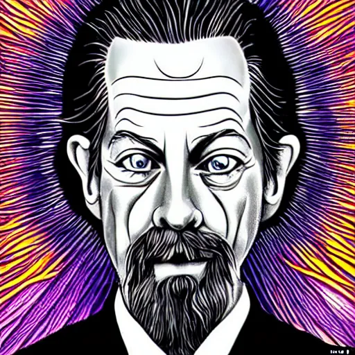 Prompt: alan watts in the style of alex grey