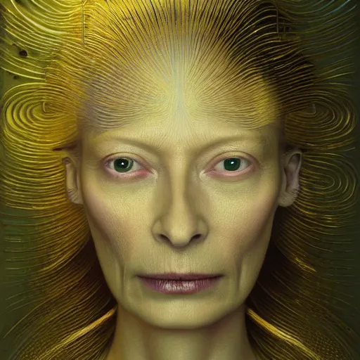 Image similar to Woman masterpiece, Tilda Swinton, gold liquid, bald, multiple halos, blood dripping down the head, yellow, galaxies in the background, golden halo behind her head, wires everywhere, by Edgar Maxence and Ross Tran, Zdzisław Beksiński, and Michael Whelan, gustav dore, H.R. Giger, 8k, octane render