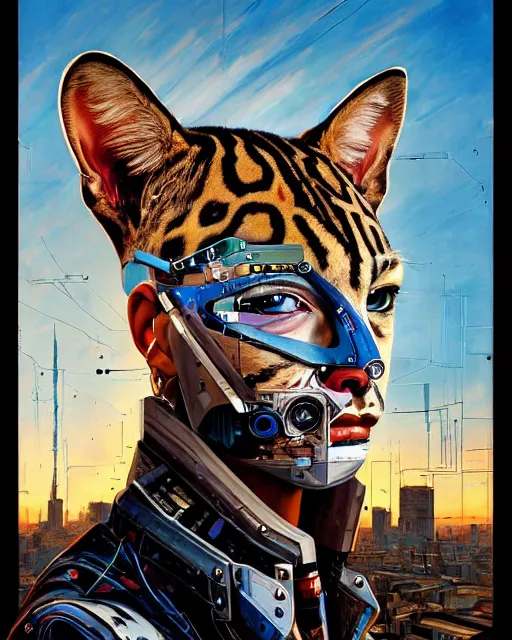 Image similar to a portrait of an anthropomorphic cyberpunk ocelot by sandra chevrier, by jon foster, detailed render, tape deck, epic composition, cybernetics, 4 k realistic, cryengine, realistic shaded lighting, sharp focus, masterpiece, by enki bilal