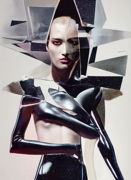 Image similar to futuristic lasers tracing, colorsmoke, leather fullbodysuit, pyramid hoodvisor, raindrops, wet, oiled, beautiful cyborg girl, by steven meisel, kaws, rolf armstrong, mondrian, kandinsky, perfect geometry abstract acrylic, octane hyperrealism photorealistic airbrush collage painting, dark monochrome, fluorescent colors, minimalist rule of thirds, eighties eros