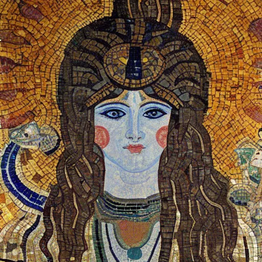 Prompt: beautiful roman mosaic of shiva the destroyer in the style of gustave klimt