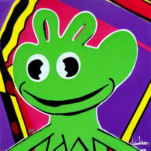 Image similar to kermit the frog in the style of romero britto