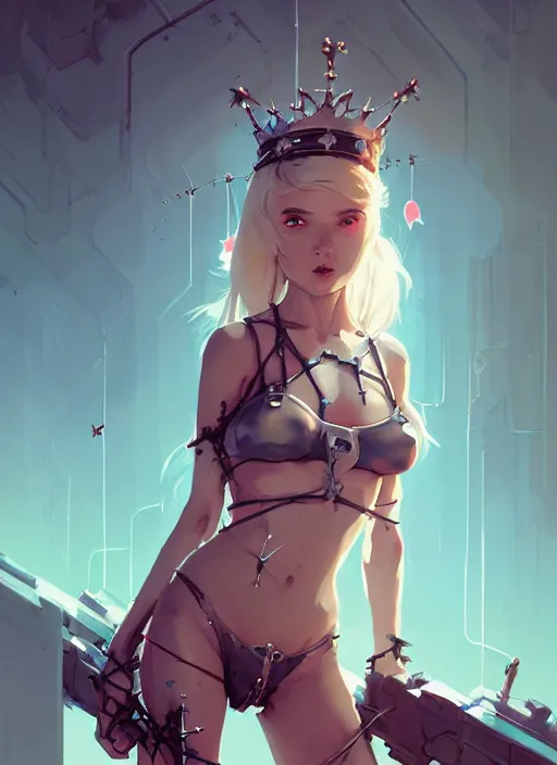 Image similar to portrait of cute maiden girl with crown of thorns in cyber bikini armor, warhammer, cyberpunk, by atey ghailan, by greg rutkowski, by greg tocchini, by james gilleard, by joe fenton, by kaethe butcher, dynamic lighting, gradient light blue, brown, blonde cream and white color in scheme, grunge aesthetic