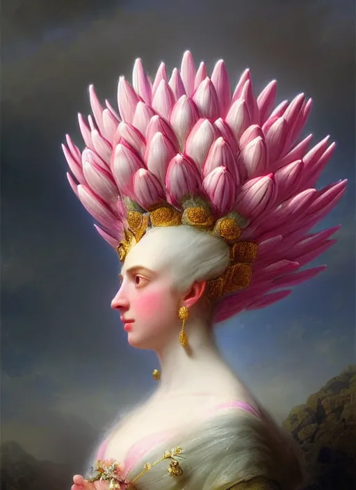 Prompt: stunning canadian godess princess, detailed pink and white protea head peace against a black backdrop by ivan aivazovsky, wlop, super sharp details, photorealism, 5 0 mm lens, oil painting, beautiful soft lighting, muted colours, artstation