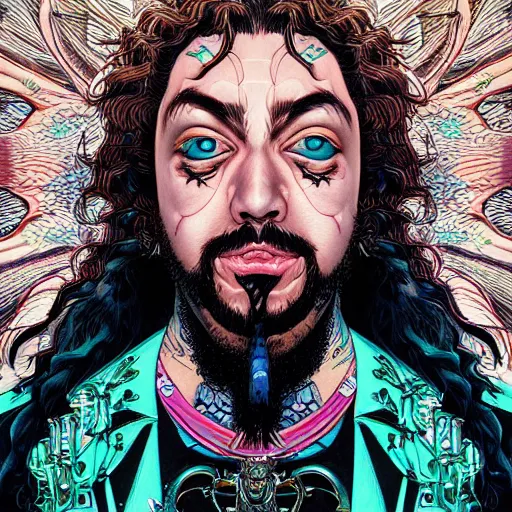 Image similar to portrait closeup of crazy post malone, symmetrical, by yoichi hatakenaka, masamune shirow, josan gonzales and dan mumford, ayami kojima, takato yamamoto, barclay shaw, karol bak, yukito kishiro