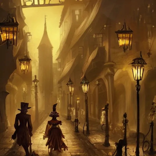Image similar to fantasy steampunk victorian city street, with people walking on the streets, at night, 4k, concept art