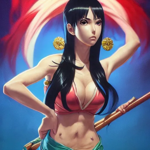 Image similar to highly detailed vfx portrait of nico robin by eiichiro oda!, yusuke murata, greg rutkowski, makoto shinkai, tom bagshaw, alphonse mucha, sharp focus, art by artgerm and stanley kubrick, backlit, harsh overhead sunlight,