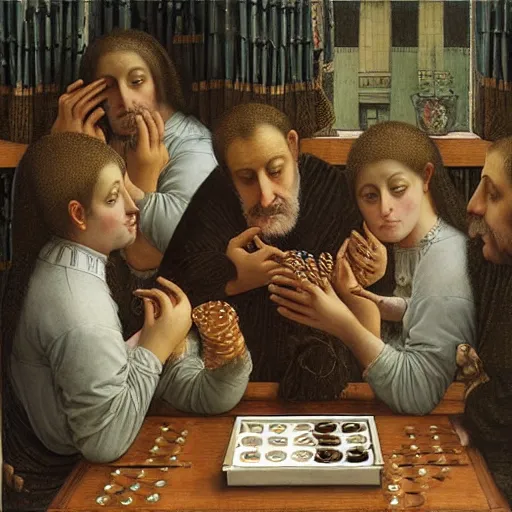 Image similar to churning versacci, starbucks by dino valls, by louis icart. a beautiful painting of a group of monkeys playing backgammon. the monkeys are seated around a table, with some of them appearing to be deep in concentration while others appear to be playing more casually.