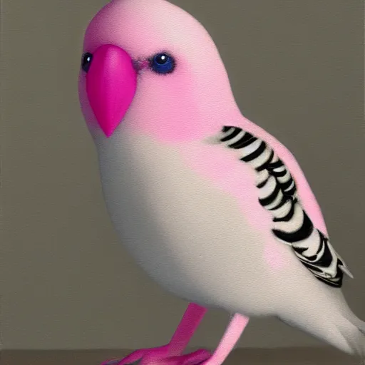 Image similar to an oil painting of a pink budgie with black spots, full hd, ue5, ue4, unreal engine 5, artstation