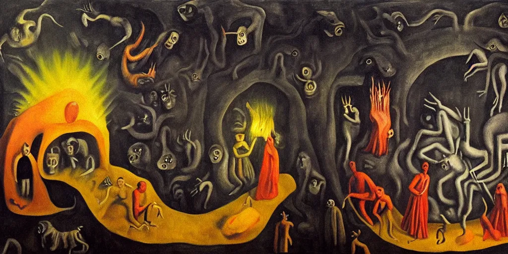 Image similar to trapped on a hedonic treadmill, dark uncanny surreal painting by leonora carrington, dramatic lighting from fire glow, mouth of hell, ixions wheel