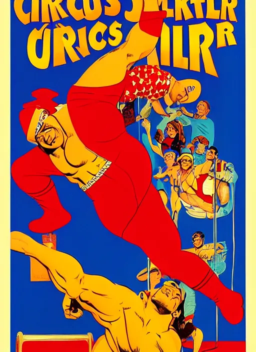 Prompt: poster for circus wrestler. portrait by clyde caldwell and jean giraud and anton otto fischer and john philip falter and will eisner and gil elvgren