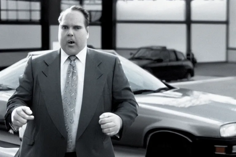 Prompt: cinematic still of portly clean-shaven white man wearing suit and necktie as car salesman in 1994 film, XF IQ4, f/1.4, ISO 200, 1/160s, 8K, RAW, dramatic lighting, symmetrical balance, in-frame