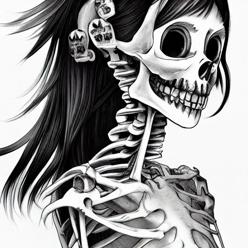 Image similar to manga fine details portrait of joyful skull girl, floeers in hair, Lizz Truss, skeleton. anime masterpiece by Studio Ghibli. 8k render, sharp high quality anime illustration in style of Ghibli, artstation