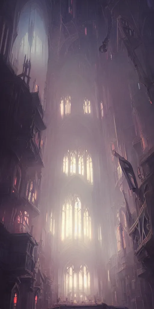 Image similar to infeior Gothic architecture,concept art, digital painting, style of jordan grimmer, warm lighting, futuristic, volumetric lighting, view from below, vivid colours, bright, nighttime, godrays, cinematic,high detail