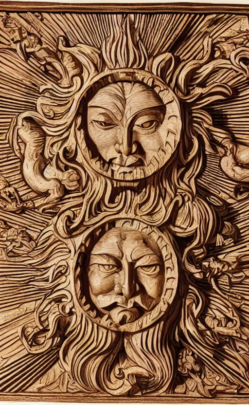 Image similar to an extremely detailed wood relief carving depicting a monstrous image of the god apollo transforming into a stylized sun, medieval, renaissance, manuscript, woodcut, in the style of albrecht durer, alchemical symbols