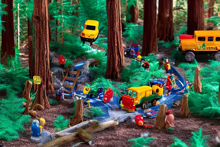 Prompt: fisher price redwood forest, california scene from tv show hyper detailed 5 5 mm 8 5 mm, toy photography, plastic coated