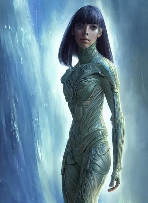 Image similar to a professional painting of a beautiful young female alien, clothed in ethereal armor, olive skin, long dark hair, beautiful bone structure, symmetrical facial features, intricate, elegant, digital painting, concept art, smooth, sharp focus, illustration, from Valerian and the City of a Thousand Planets, by Ruan Jia and Mandy Jurgens and Artgerm and William-Adolphe Bouguerea