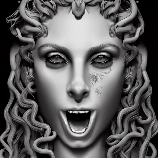 Image similar to medusa portrait marble, black and white, wicked smile, artstation, detailed, blurred background