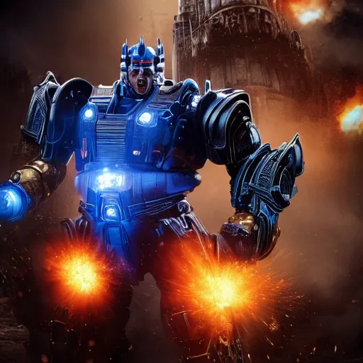 Image similar to donald trump! as optimus prime in ( gears of war ), splash art, maga, patriot, movie still, detailed face, photorealistic facial features, cinematic lighting, dramatic, octane render, long lens, shallow depth of field, bokeh, anamorphic lens flare, 8 k, hyper detailed, 3 5 mm film grain