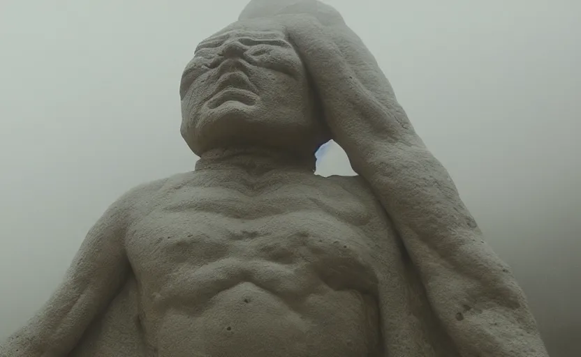 Image similar to screenshot of low angle wide shot of ancient Jedi sculpture looming in the sky outside the foggy Jedi Temple scene from The Force Awakens, 1970s film by Stanley Kubrick, serene, iconic scene, hazy, stunning cinematography, hyper-detailed, sharp, anamorphic lenses, kodak color film, 4k