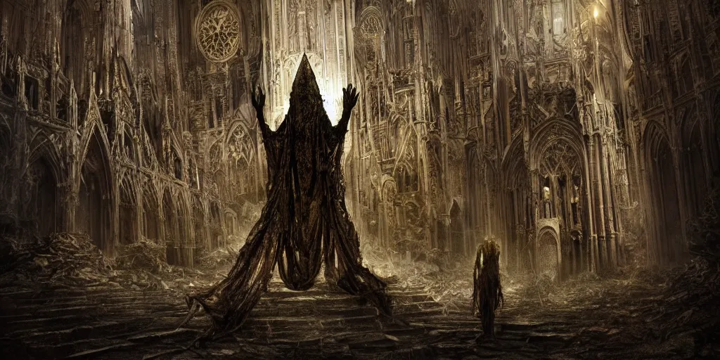 Image similar to a tall towering huge pale human wearing a garment sitting upon an ornate stone throne, 4K, digital art, lovecraftian, lovecraft art, artstation, horror, dramatic, wearing a long yellow rotting garment, dark, hyperrealistic, dramatic perspective, complex (((dark))) cathedral background, dark background, highlights,