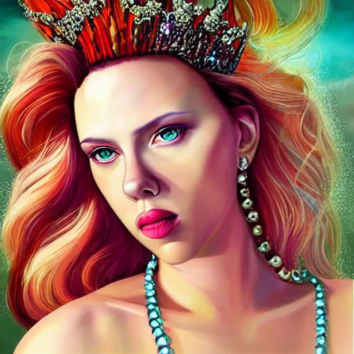 Image similar to “Scarlett Johansson portrait, fantasy, mermaid, cartoon, pearls, glowing hair, shells, gills, crown, water, highlights, starfish, goddess jewelry, realistic, digital art, pastel, magic, fiction, ocean, game, Queen, colorful hair, sparkly eyes”