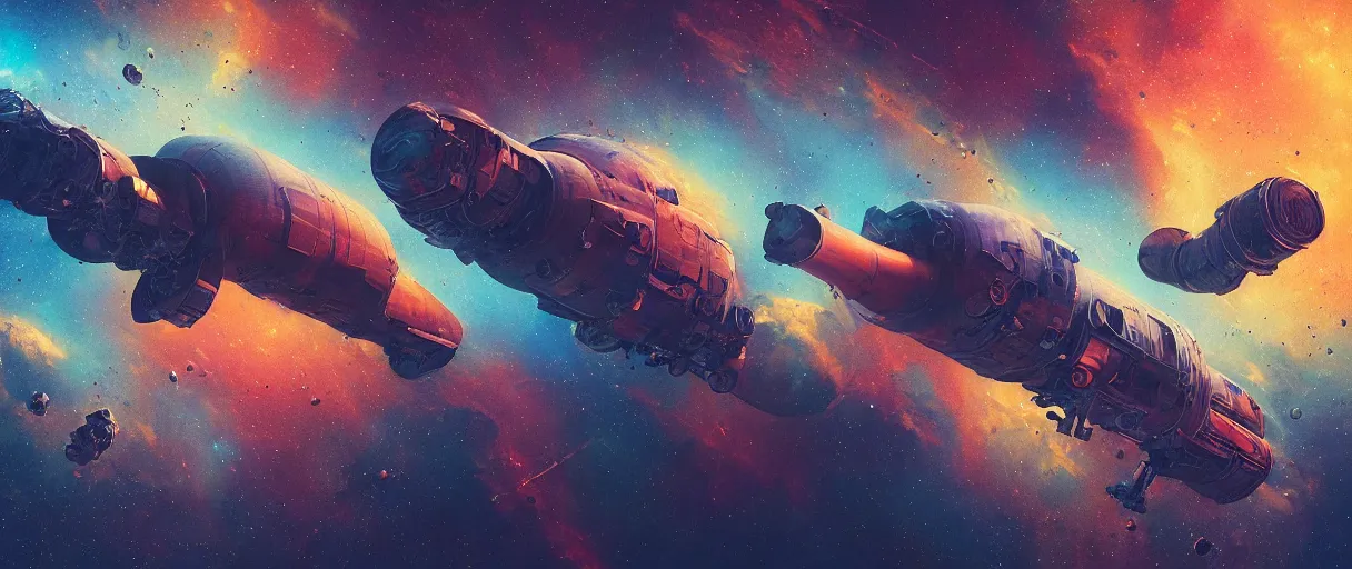 Image similar to tiny spaceship!!, deep space exploration!!!, flying, the expanse tv series, industrial design, the final frontier, illustrative!!, punk, space pirate, painterly, hyperdetailed, hyperrealistic, utilitarian cargo ship, cinematic lighting, 4k, wide angle, beksinski, (neon colors)