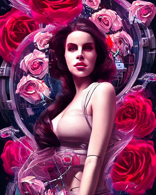 Prompt: portrait of lana del rey as a cyberpunk cyborg. roses sci - fi intricate abstract upper body intricate artwork, roses, rose petals, by tooth wu, wlop, beeple, dan mumford. concept art, octane render, deviantart, greg rutkowski, cinematic arthouse, key art, hyper realism, iridescent accents