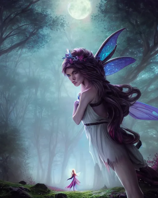 Image similar to attractive fairy goddness fly high in the night, d & d, fantasy, mist, full moon in background, trees, hyper detailed, art by artgerm and greg rutkowski and magali villeneuve, midium shot, 8 k realistic, cryengine, digital painting, trending on artstation, concept art, sharp focus, illustration,