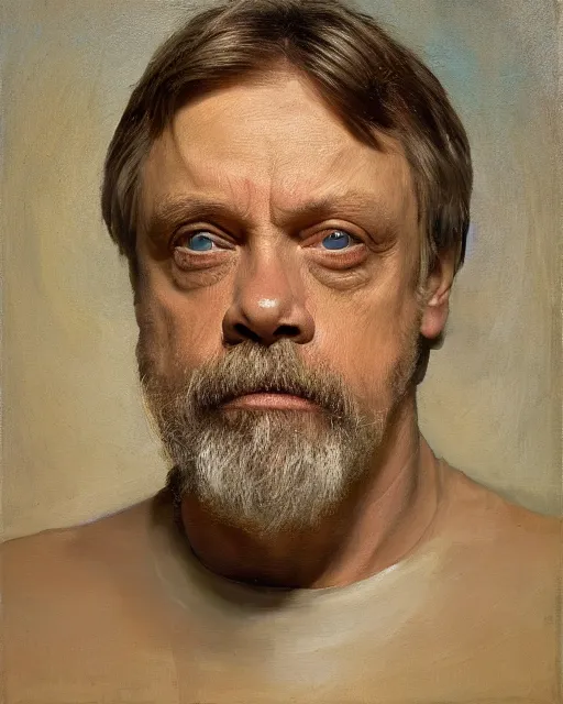 Image similar to painterly portrait, mark hamill, impasto, fantasy, chuck close:7, carl spitzweg:7, cinematic light, full face, symmetrical face