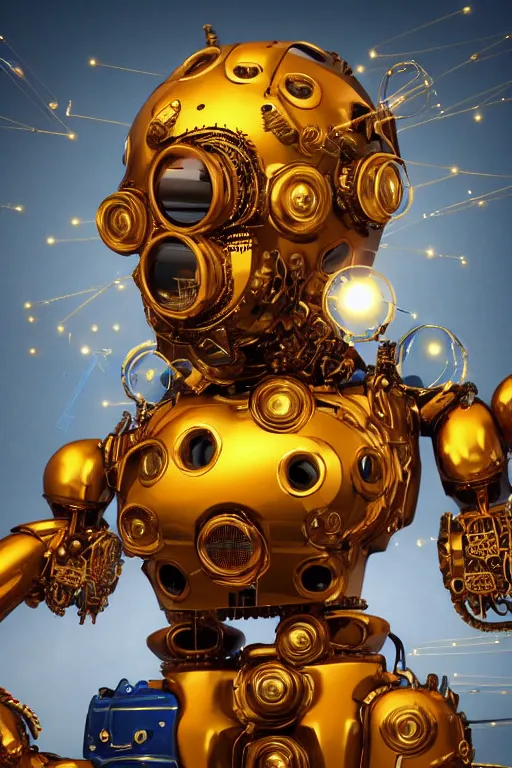 Image similar to portrait photo of a giant huge golden and blue metal humanoid steampunk robot, the head is a huge camera, with gears and tubes, eyes are glowing red lightbulbs, shiny crisp finish, 3 d render, 8 k, insaneley detailed, fluorescent colors, background is multicolored lasershow