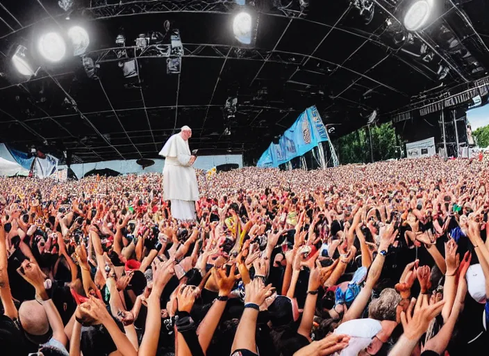 Prompt: photo still of pope francis on stage at the vans warped tour!!!!!!!! at age 3 6 years old 3 6 years of age!!!!!!!! stage diving into the crowd, 8 k, 8 5 mm f 1. 8, studio lighting, rim light, right side key light