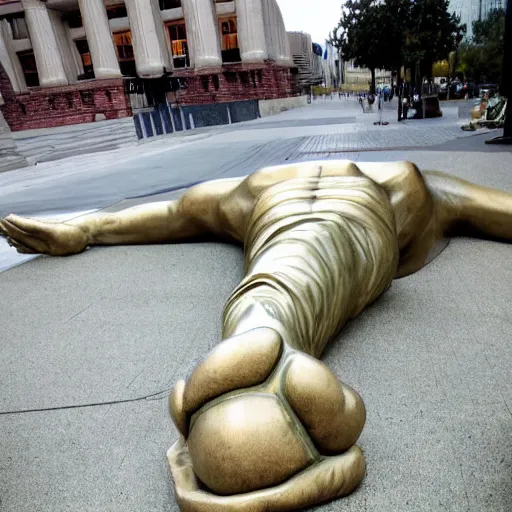 Image similar to giant statue of libertys head lying sideways on the ground