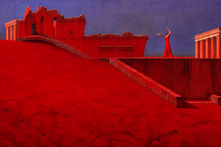 Image similar to only with red, a red melted emperor, taormina amphitheatre, crowd hails him happy, in the style of beksinski, parts by edward hopper, parts by rodcenko, parts by yue minjun, intricate and epic composition, red by caravaggio, insanely quality, highly detailed, masterpiece, red light, artstation, 4 k