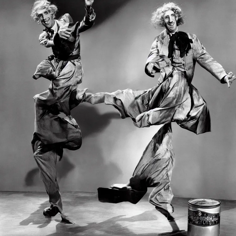 Prompt: harpo marx dancing on a giant tuna can, saturated color scheme