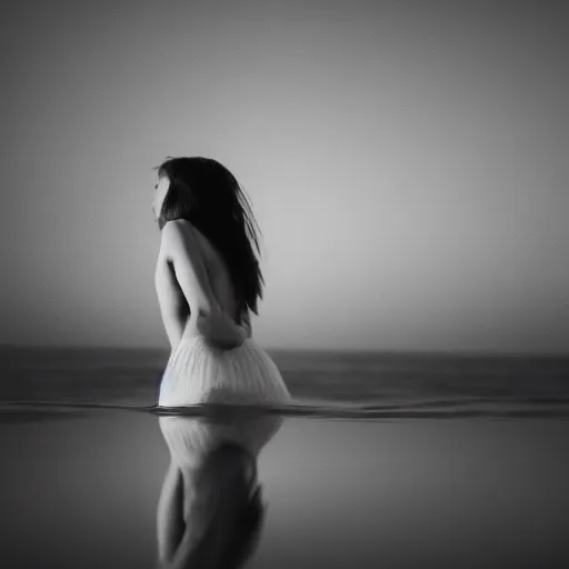 Prompt: a 2 4 mm photo of girl in water, low light, film grain, studio light, near a lot of manta, 8 k resolution