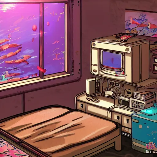 Image similar to anime background of the interior of an underwater makeshift bedroom created hastily inside a small containment unit, a loft bed, book case, computer desk, various coral seashells overtaking it, nostalgia, vaporwave, litter, steampunk, cyberpunk, water caustics, anime, vhs distortion, dynamic shot, cinematic, letterbox, art created by miyazaki