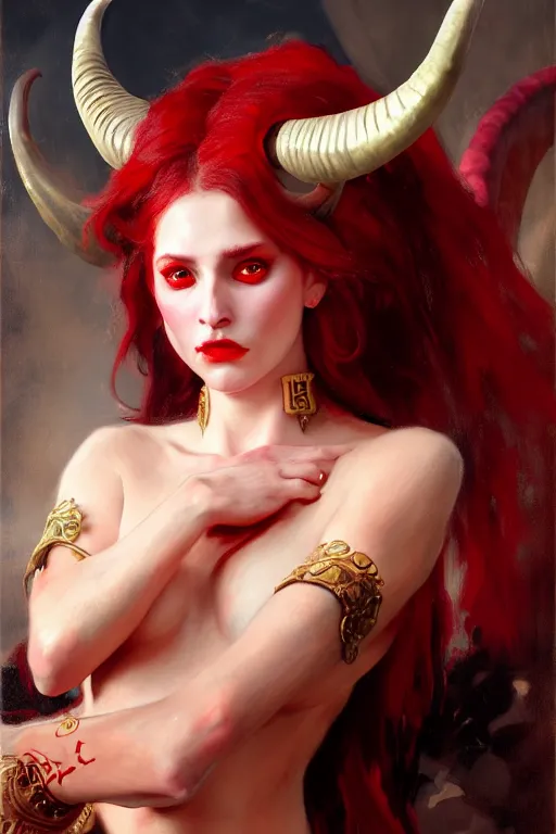 Image similar to painted close - up portrait of a attractive red - skinned intimidating demon girl with ram horns! oil painting, wearing a noblewoman's outfit, fantasy art by john singer sargent and gaston bussiere, and guillermo del toro and tyler edlin, demon noble character design, hd