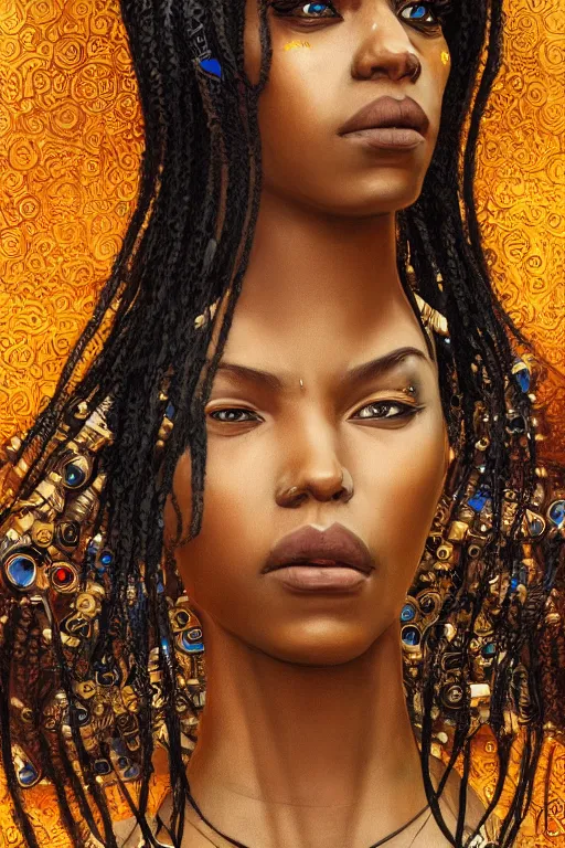 Prompt: portrait of a beautiful young Black woman, cyberpunk, Warhammer, highly detailed, artstation, illustration, art by Gustav Klimt