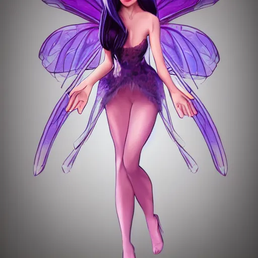 Image similar to very very very beautiful tiny fairy woman in her 20s with fairy wings wearing skintight purple dress, making eye contact, smiling, flirty, perfect body, perfect face, drawn by artgerm