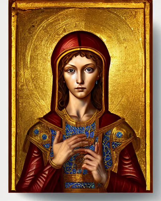 Image similar to byzantine fresco portrait of woman in shining golden armor, high production value, intricate details, high resolution, hdr, high definition, masterpiece, realistic, ultrarealistic, highly detailed, hd, sharp focus, non blurry, sharp, smooth