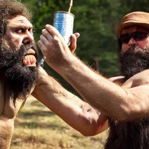 Image similar to photo of ancient caveman shotgunning a single beer can, full body, high detail, ultra realistic, 4k UHD, pristine