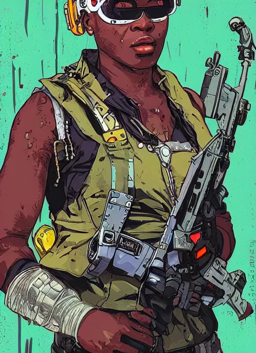 Image similar to maria igwe. cyberpunk mercenary in combat vest. portrait illustration, pop art, splash painting, art by geof darrow, ashley wood, alphonse mucha, makoto shinkai