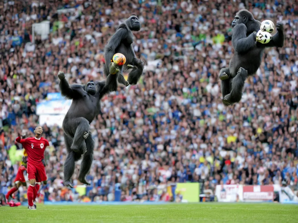 Image similar to a gorilla jumping to head the ball on a corner kick, vivid